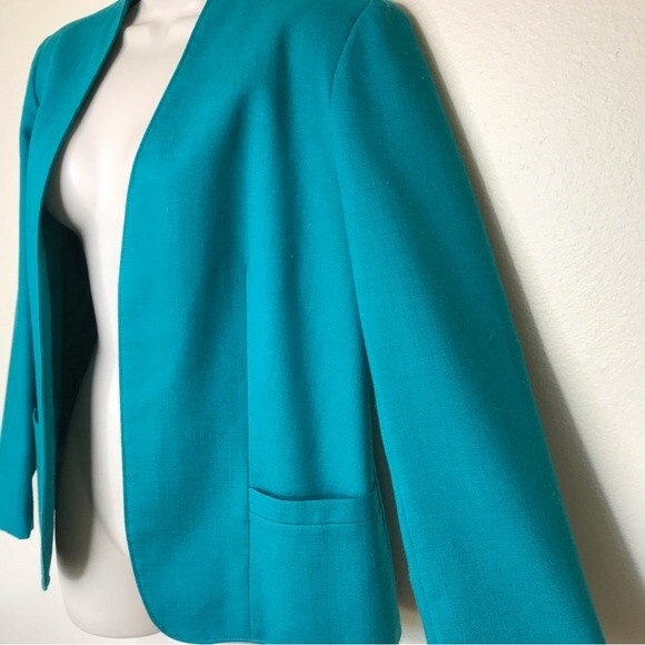 Vintage Tan Jay Div of Nygard Linen Blend Teal Open Front Blazer Jacket Women 12 - Picture 3 of 13
